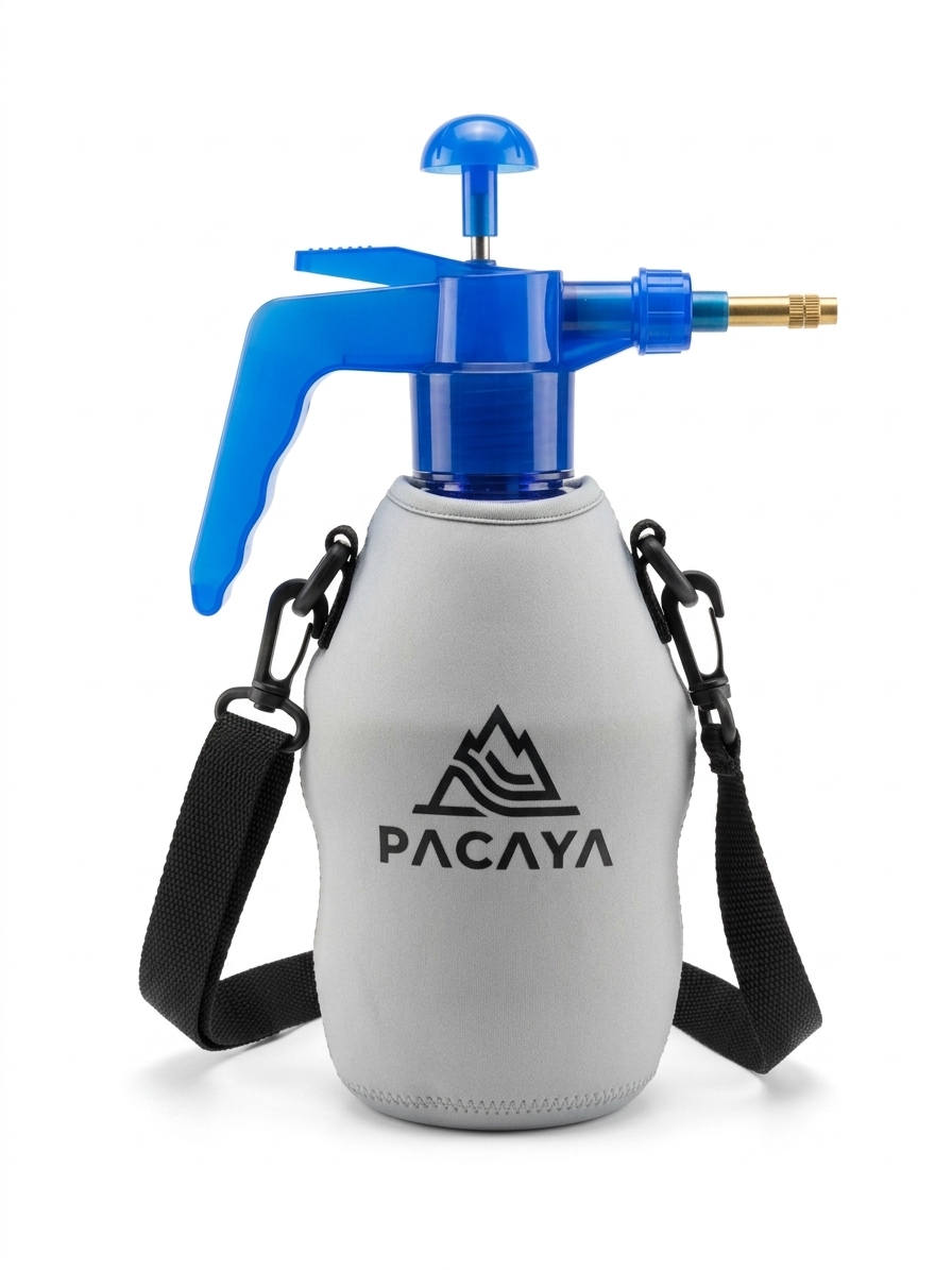 Pacaya handheld pump mister in blue with copper nozzle inside its grey neoprene sleeve with carry strap