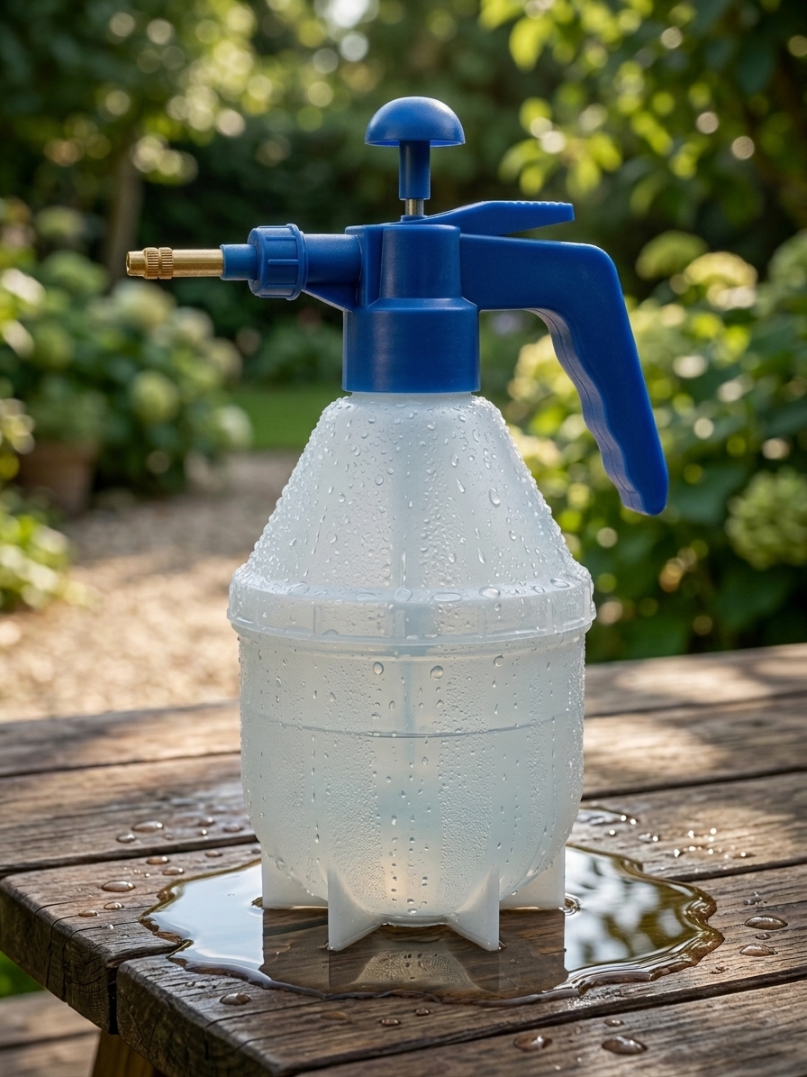 Standard sprayer bottle covered in condensation droplets with a puddle forming underneath