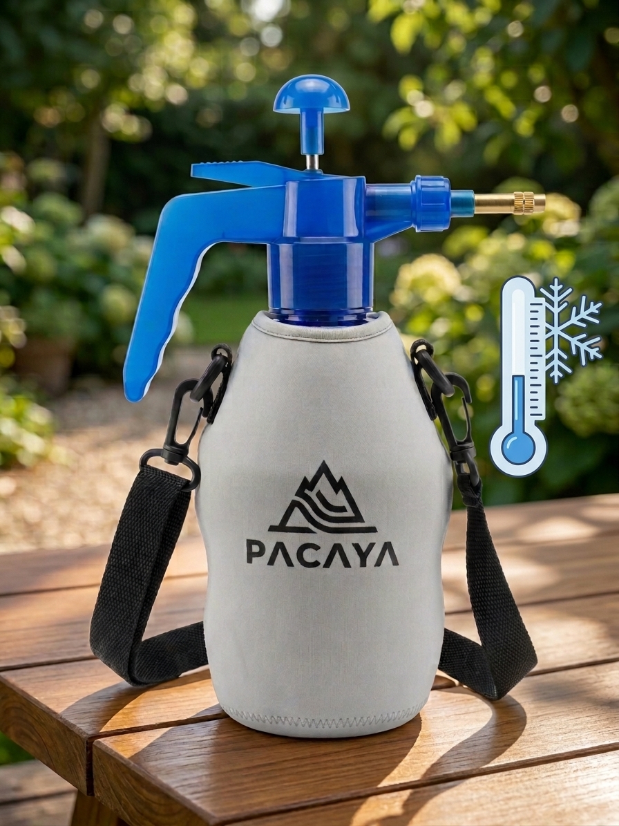 Blue Pacaya mister in its grey neoprene sleeve with shoulder strap standing on a garden table