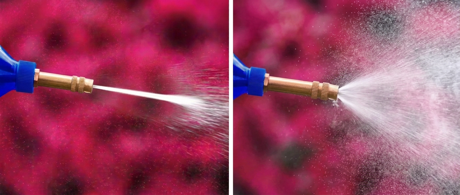 Pacaya nozzle spraying a focused stream on the left and a wide fine mist on the right